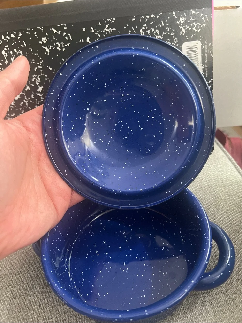 BISA Miniature Blue & White Spatter Enamelware Stock Pot with a lid